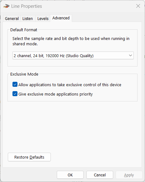 Windows Sound control panel - recording device Advanced tab, default format set to 24 bit, 192000 Hz